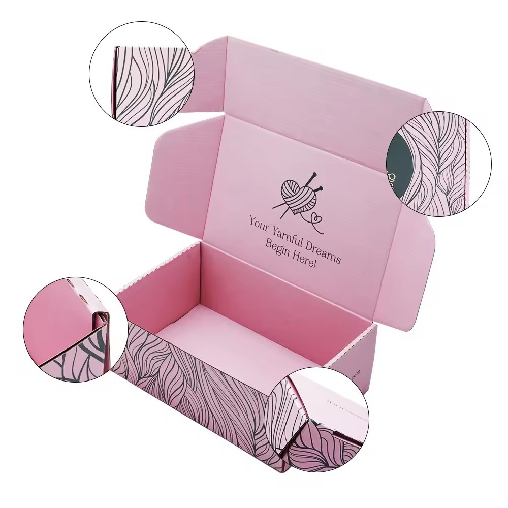Zapatos de ropa de tablero corrugado personalizado Cajas de envío Diseño de embalaje logotipo de estampado de estampado caliente Paquete de envío rosa caja de papel