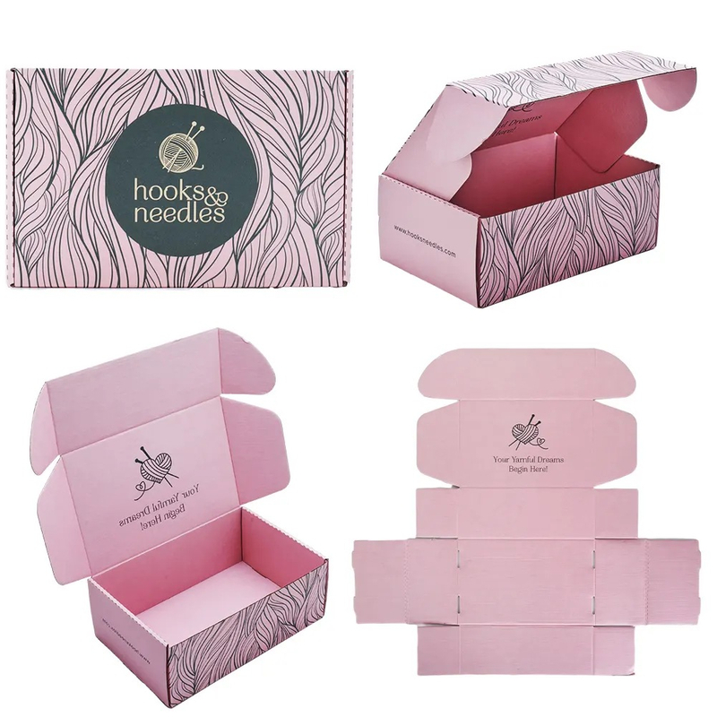 Zapatos de ropa de tablero corrugado personalizado Cajas de envío Diseño de embalaje logotipo de estampado de estampado caliente Paquete de envío rosa caja de papel