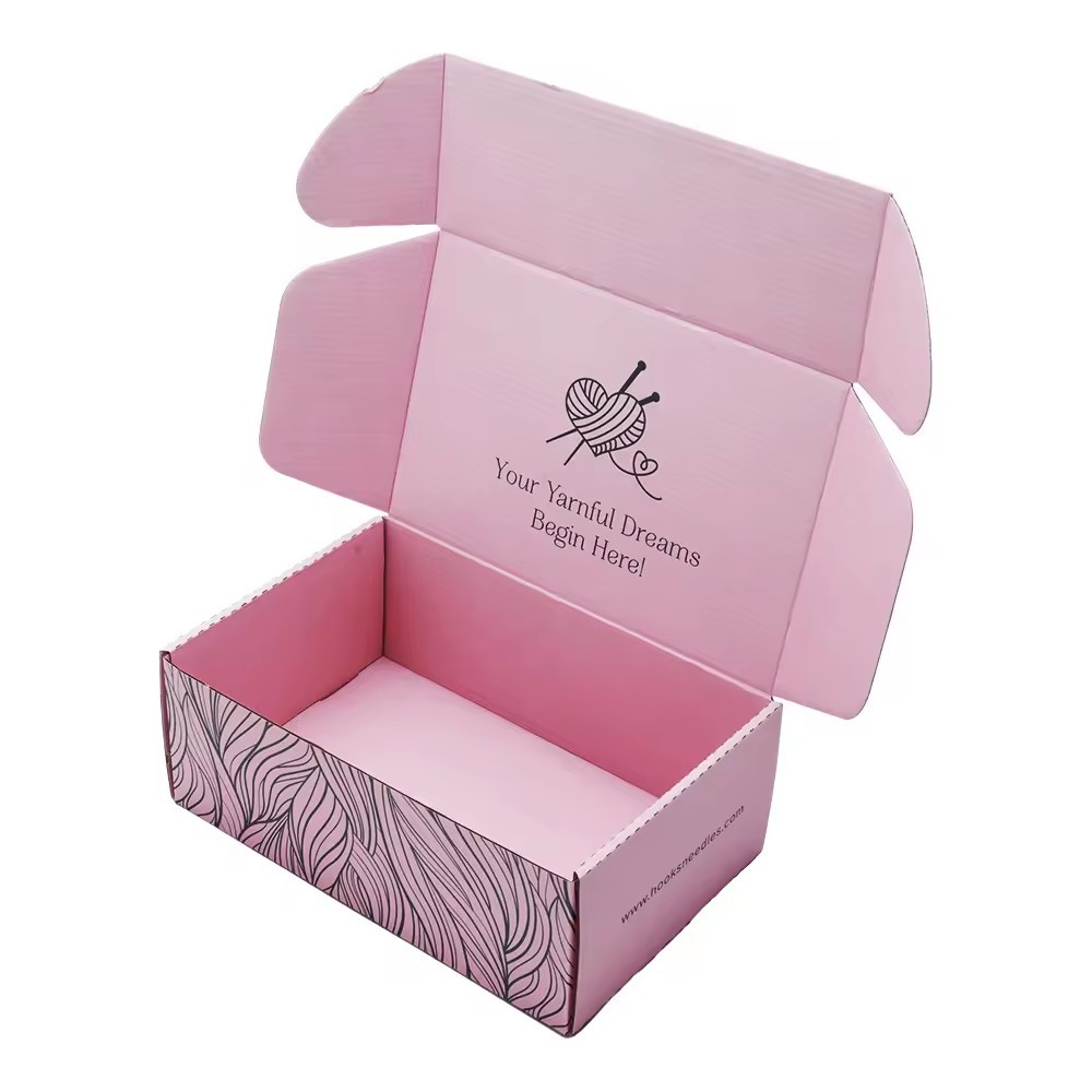 Zapatos de ropa de tablero corrugado personalizado Cajas de envío Diseño de embalaje logotipo de estampado de estampado caliente Paquete de envío rosa caja de papel